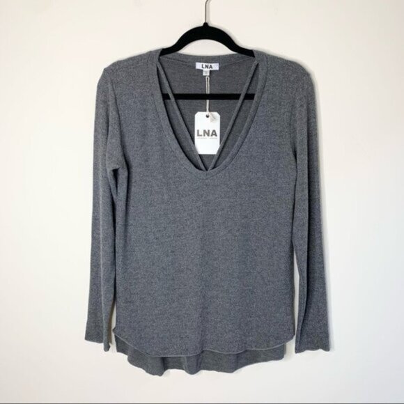 Revolve LNA Strappy Sweater V-neck Long Sleeve Fuzzy Soft Charcoal Grey Size XS - Picture 2 of 13